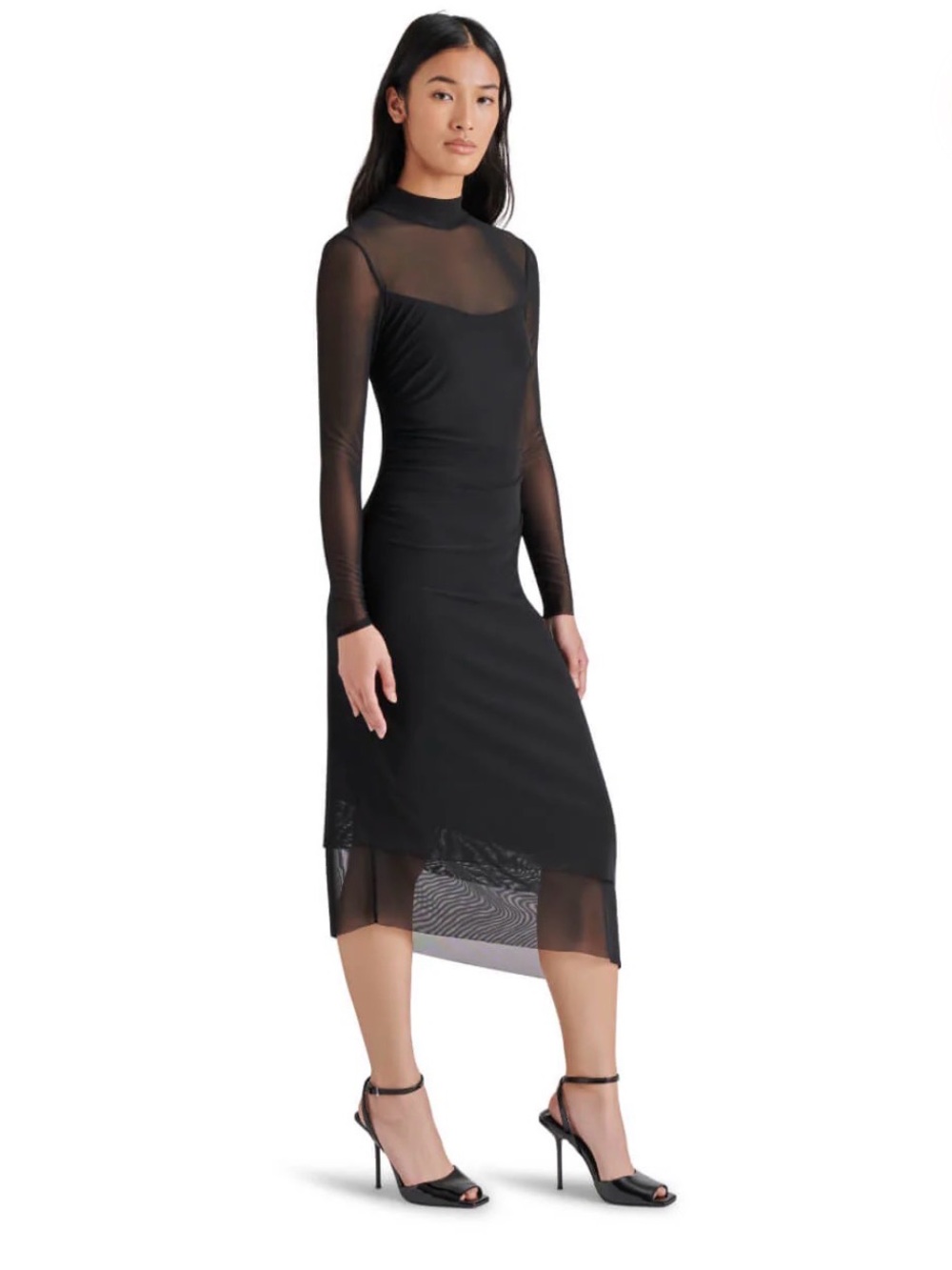 Steve Madden Blare Long Sleeve Mesh Midi Dress – Black – Size Medium